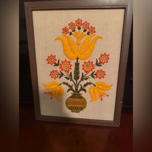 Vintage Mid-Century Framed Floral Crewel Hand Embroidered Piece